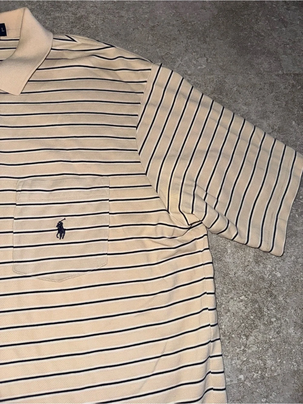 Polo by Ralph Lauren Men’s L Classic Fit Beige/Blue Striped Polo Pocket Logo